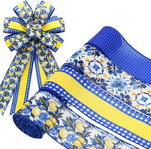 4 Rolls Lemon Wired Edge Ribbon - 2.5 Inch Wide, 20 Yards Total, Summer Yellow Lemon Print Wired Edge Set, Fashionable Grosgrain Craft Ribbon for Gift Wrapping, Hair Bundles, Party Decorations in Kuwait