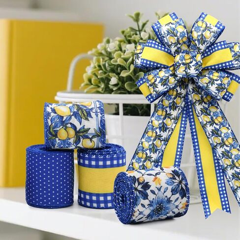 4 Rolls Lemon Wired Edge Ribbon - 2.5 Inch Wide, 20 Yards Total, Summer Yellow Lemon Print Wired Edge Set, Fashionable Grosgrain Craft Ribbon for Gift Wrapping, Hair Bundles, Party Decorations in Kuwait