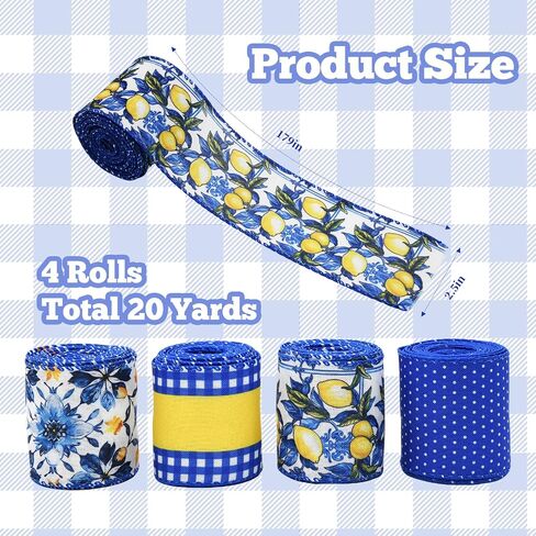 4 Rolls Lemon Wired Edge Ribbon - 2.5 Inch Wide, 20 Yards Total, Summer Yellow Lemon Print Wired Edge Set, Fashionable Grosgrain Craft Ribbon for Gift Wrapping, Hair Bundles, Party Decorations in Kuwait