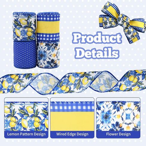 4 Rolls Lemon Wired Edge Ribbon - 2.5 Inch Wide, 20 Yards Total, Summer Yellow Lemon Print Wired Edge Set, Fashionable Grosgrain Craft Ribbon for Gift Wrapping, Hair Bundles, Party Decorations in Kuwait