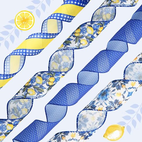 4 Rolls Lemon Wired Edge Ribbon - 2.5 Inch Wide, 20 Yards Total, Summer Yellow Lemon Print Wired Edge Set, Fashionable Grosgrain Craft Ribbon for Gift Wrapping, Hair Bundles, Party Decorations in Kuwait