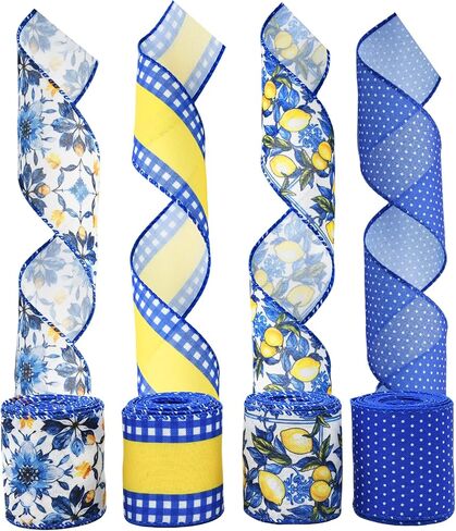 4 Rolls Lemon Wired Edge Ribbon - 2.5 Inch Wide, 20 Yards Total, Summer Yellow Lemon Print Wired Edge Set, Fashionable Grosgrain Craft Ribbon for Gift Wrapping, Hair Bundles, Party Decorations in Kuwait