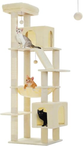 71 Inch Tall Cat Tree for Indoor Cats Large Adult, Multi-Level Cat Tower with Extra Large Hammock, 2 Cat Caves, Spacious Top Perch, Scratching Pad, Beige in Kuwait