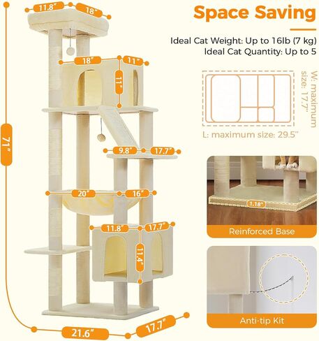 71 Inch Tall Cat Tree for Indoor Cats Large Adult, Multi-Level Cat Tower with Extra Large Hammock, 2 Cat Caves, Spacious Top Perch, Scratching Pad, Beige in Kuwait