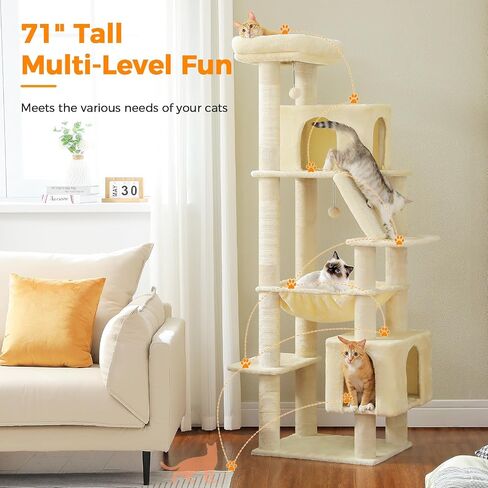 71 Inch Tall Cat Tree for Indoor Cats Large Adult, Multi-Level Cat Tower with Extra Large Hammock, 2 Cat Caves, Spacious Top Perch, Scratching Pad, Beige in Kuwait
