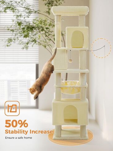 71 Inch Tall Cat Tree for Indoor Cats Large Adult, Multi-Level Cat Tower with Extra Large Hammock, 2 Cat Caves, Spacious Top Perch, Scratching Pad, Beige in Kuwait