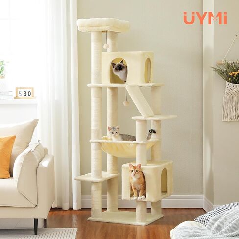 71 Inch Tall Cat Tree for Indoor Cats Large Adult, Multi-Level Cat Tower with Extra Large Hammock, 2 Cat Caves, Spacious Top Perch, Scratching Pad, Beige in Kuwait