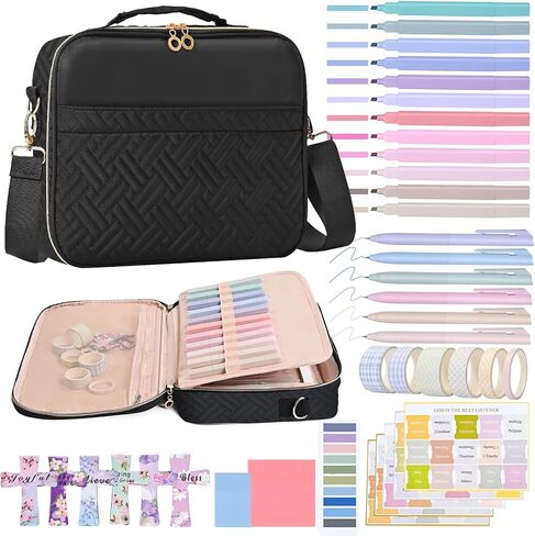 Bible Cover for Women,Large Bible Bag with Shoulder Strap, Bible Study Supplies Carrier Includes Highlighters Tabs, Journaling Kit Case Packed in Gift Box, Christian Gifts for Women(Black) in Saudi Arabia