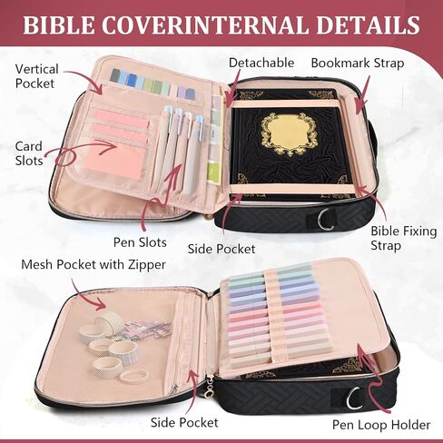 Bible Cover for Women,Large Bible Bag with Shoulder Strap, Bible Study Supplies Carrier Includes Highlighters Tabs, Journaling Kit Case Packed in Gift Box, Christian Gifts for Women(Black) in Saudi Arabia