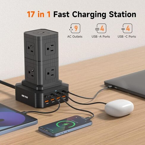 Surge Protector Power Strip Tower Desktop Charging Station, 6.6Ft Extension Cord with 5 AC Outlets 8 USB Ports（4 USB C ） Power Tower Overload Protection for Home Office Dorm Room in Kuwait