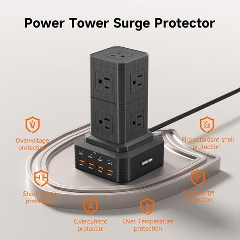Surge Protector Power Strip Tower Desktop Charging Station, 6.6Ft Extension Cord with 5 AC Outlets 8 USB Ports（4 USB C ） Power Tower Overload Protection for Home Office Dorm Room in Kuwait