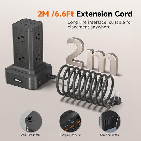 Surge Protector Power Strip Tower Desktop Charging Station, 6.6Ft Extension Cord with 5 AC Outlets 8 USB Ports（4 USB C ） Power Tower Overload Protection for Home Office Dorm Room in Kuwait