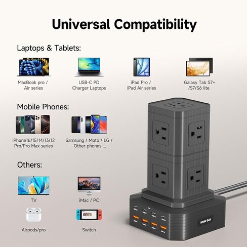 Surge Protector Power Strip Tower Desktop Charging Station, 6.6Ft Extension Cord with 5 AC Outlets 8 USB Ports（4 USB C ） Power Tower Overload Protection for Home Office Dorm Room in Kuwait