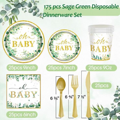 Sage Greenery Baby Shower Plates and Fedical Tableware Table - 175pcs in Saudi Arabia
