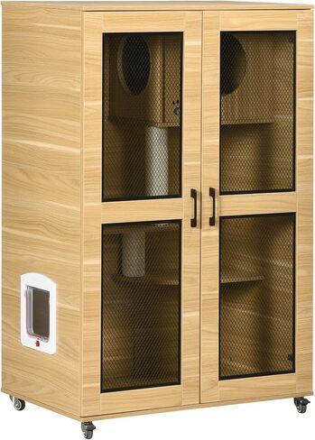 Pawhut Luxury Cat House مع عجلات ، Kitty Cage Catio Villa للقطط الداخلية مع وظائف الخدش ، الشقة ، باب رفرف ، وسادة ، البلوط ، 31.5 "× 20" × 48.5 " in Kuwait