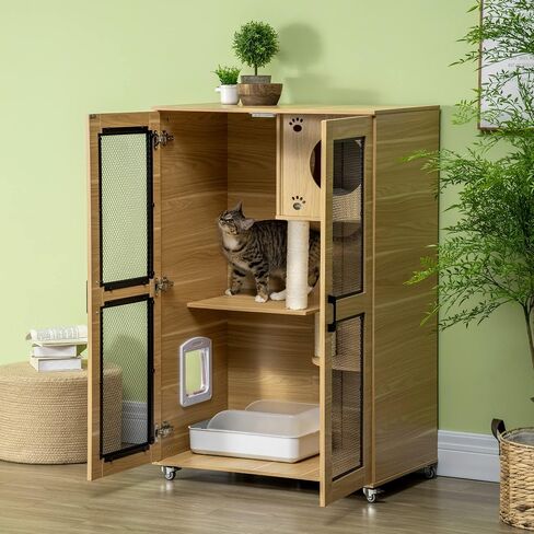 Pawhut Luxury Cat House مع عجلات ، Kitty Cage Catio Villa للقطط الداخلية مع وظائف الخدش ، الشقة ، باب رفرف ، وسادة ، البلوط ، 31.5 "× 20" × 48.5 " in Kuwait