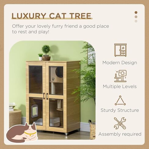 Pawhut Luxury Cat House مع عجلات ، Kitty Cage Catio Villa للقطط الداخلية مع وظائف الخدش ، الشقة ، باب رفرف ، وسادة ، البلوط ، 31.5 "× 20" × 48.5 " in Kuwait