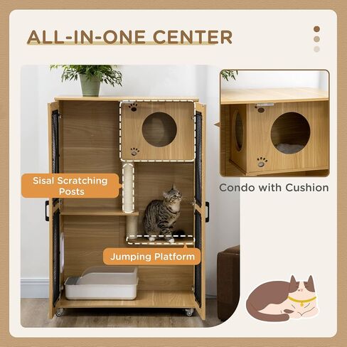 Pawhut Luxury Cat House مع عجلات ، Kitty Cage Catio Villa للقطط الداخلية مع وظائف الخدش ، الشقة ، باب رفرف ، وسادة ، البلوط ، 31.5 "× 20" × 48.5 " in Kuwait