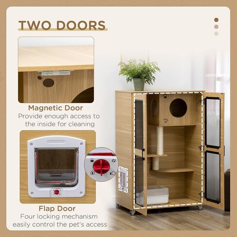 Pawhut Luxury Cat House مع عجلات ، Kitty Cage Catio Villa للقطط الداخلية مع وظائف الخدش ، الشقة ، باب رفرف ، وسادة ، البلوط ، 31.5 "× 20" × 48.5 " in Kuwait