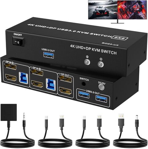 USB HDMI Displayport KVM Switch 2 شاشات 2 جهاز كمبيوتر، 4K @ 30 هرتز USB DP 1.4 KVM Switch مع صوت صغير، شاشة مزدوجة تدعم وضع ممتد/مرآة، 2 منفذ لمشاركة جهازي كمبيوتر مجموعة واحدة من طابعة لوحة المفاتيح والماوس in Saudi Arabia