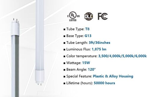 T8 T10 T12 LED Tube Light 3FT Type A+B 15W 1875LM, 36In LED Bulb Ballast Bypass or Compatible Dual-End, 5000K Daylight White, F30T8/F30T12 Fluorescent Replacement, UL & DLC Listed(1pcs) in Saudi Arabia