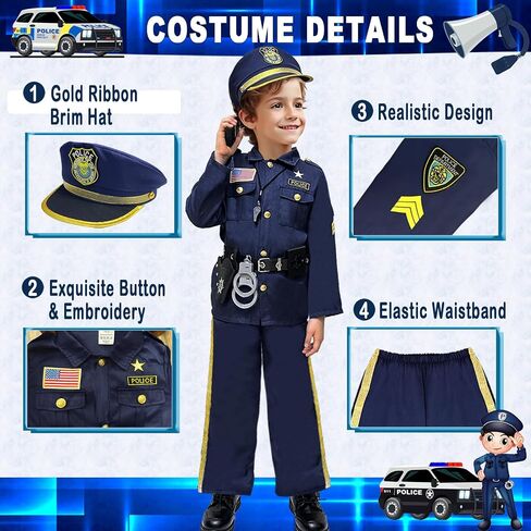 Police Officer Costume for Kids - Boys & Girls, Cop Uniform for Role Play, Gift, Halloween & Career Day in Kuwait
