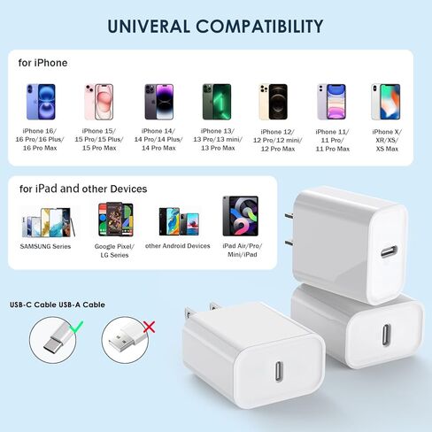 كتلة شاحن سريع iPhone 15، 【3 عبوات】وحدة شاحن حائط USB C بقدرة 20 واط، كتلة شحن فائقة السرعة 20 واط، محول PD 3.0 من النوع C لهاتف iPhone 15 Pro Max/iPhone 14 Plus/13/12/11/AirPods/iPad Pro/Air/ ميني in Saudi Arabia