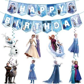Cute Popular Cartoon Theme Decorations Banner Hanging Swirls, Cute Blue Happy Birthday Decorations for Fans, Party Supplies for Girls Boys