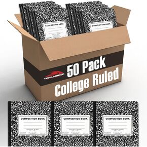 Trail maker 50 Pack Bulk Composition Notebook College Ruled, 200 Pages (100 Sheets), 9-3/4 x 7-1/2", Bulk School Supplies Hard Cover Marble Composition Books for School & Office