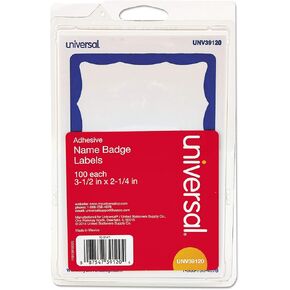 Universal Border-Style Self-Adhesive Name Badges, 3 1/2 X 2 1/4, White/Blue, 100/pack
