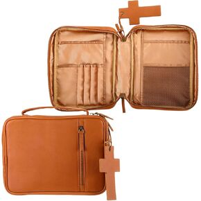 Leather Bible Cover with Cross Pendant Top Grain Buffalo Real Leather Bible Book Cover Protects Church Book Case with Handle for Women Men