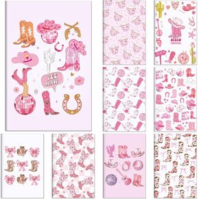 9 Pcs Pink Cowgirl Journal Notebook Western Preppy Office Gifts Disco Ball Cowboy Hat Boots Coquette Bow Cowgirl Notebook Stuff for Teen Girls Women School Student Teacher, 5.5 x 8.3in