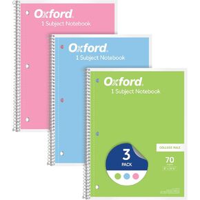 Oxford Spiral Notebooks, 1-Subject for School, College Ruled Paper, 70 Sheets, 8 x 10.5 Inches, Assorted Pastel Colors, 3 Pack (1002540)