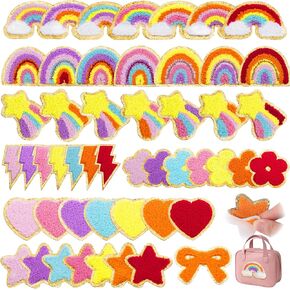 50PCS Preppy Cute Chenille Patches Self Adhesive Embroidered Rainbow Meteor Flower Heart Star Lighting Boho Stickers Sew on Repair Patches for Jackets Jeans Hats Backpacks