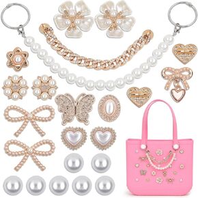 yuboo 23Pcs Pearl Charms for Bogg Bag, Chain Charms for Bogg Bag Accessories, Bow, Butterfly, Pearls, Flowers, and Heart Accessories, Compatible Simply Southern Rubber Beach Tote Bags