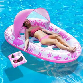 Inflatable Pool Floats Adult, 3-in-1 Pool Float Lounger with Canopy and Cup Holder, XL Floating Pool Floaty Raft for Swimming Pool Lake Beach, Tanning Pool Floaties Toys for Adults
