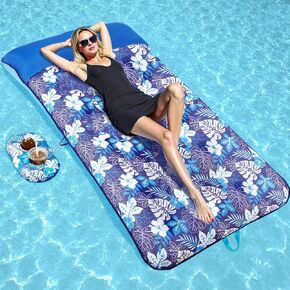 WERNNSAI Oversize Pool Floats Lounge for Adults 74" x 37.4" Extra Large Inflatable Pool Raft with Cup Holder Headrest Fabric Covered Multi-Purpose Pool Floaties for Party Lake Beach