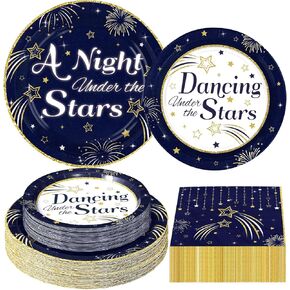 الرقص Grencian تحت ديكورات النجوم - Navy Blue Starry Night Party Party Plates and Forks Gold Star Tablemoan