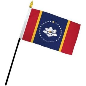 AES Small 4" x 6" 4x6 inch Mississippi Hand DESK Flag Polyester Material Stitched Edges 11" Plastic Stick Flag Hand Held Mini Small Stick Flags