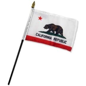 AES Small 4" x 6" 4x6 inch California Hand DESK Flag Polyester Material Stitched Edges 11" Plastic Stick Flag Hand Held Mini Small Stick Flags