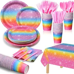 Zhehao 169 Pcs Rainbow Party Decorations Supplies with Disposable Tablecloths Plates Napkins Cups Straws Knives Forks Serve 24 Guests for Birthday Bridal Shower Rainbow Pride Party Favor (Colorful)