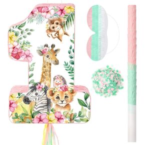 Hungdao Jungle Piñata with Pull String Number 1 Piñata and Stick Blindfold Confetti Forest Animals Set for Girls Woodland Theme Baby Shower Wild One Birthday Party Decorations Supplies