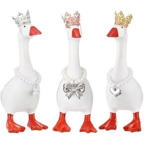 3 Set 7 Inch Mini Desk Goose Outfits with Crystal Rhinestone Tiara Crown Heart Star Bow Shaped Necklace Mini Desk Goose Princess Costume for Magnetic Statue Key Holder Decor