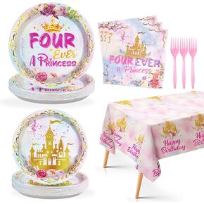 98 PCS Princess Birthday Party Supplies Four Aver A Princess Plates Napkins TableCloths Tableware Set Watercolor Pastel Rainbow Castle Decorations for Girl 4th Fairst Fairy Party Serves 24