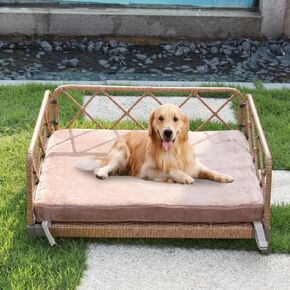 Outdoor Wicker Dog Bed Indoor Rattan Dog Sofa with Soft Cushion (Brown Wicker and Cushion, Large)