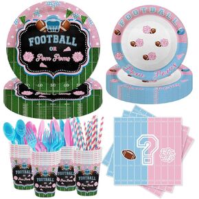 MEHOFOND 192Pcs Football Gender Reveal Party Decorations, Football Pom Poms Disposable Tableware Set, Football Paper Plates and Napkins Cups, Football Baby Shower He or She Party Decor, Serve 24