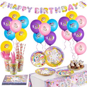 136 Pcs Unicorn Birthday Decorations Birthday Party Supplies Kits for Girls，Includes Dinner & Dessert Plates, Napkins, Cups, Cutlery, Banner, Ballom，Cake Cupcake Toppers and Tablecloth