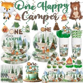 Camper Birthday Decorations for Boy 1st, with Cake Topper, Honeycomb Centerpieces, Camper Disposable Tableware Set, Banner Plates, Napkins, Cup, Table Cloth, for Boy 1st Birthday Decorations