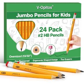 V-Opitos 24 Pack Jumbo #2 HB Pencils for Kids, Triangle Shape Pre-sharpened Wood-Cased Pencils with Top Erasers, Ideal Home, Kindergartens, School Classroom Supplies