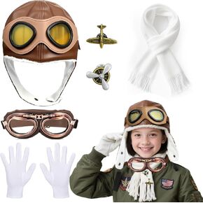 Aviator Goggles, Pilot hat, Vintage Badges, Cotton Scarf, Gloves –7 Pcs Kids Aviator Costume Accessories – Pilot Role Play Dress Up Set Gifts for Career Day, Birthday Party, 1930s Halloween Cosplay
